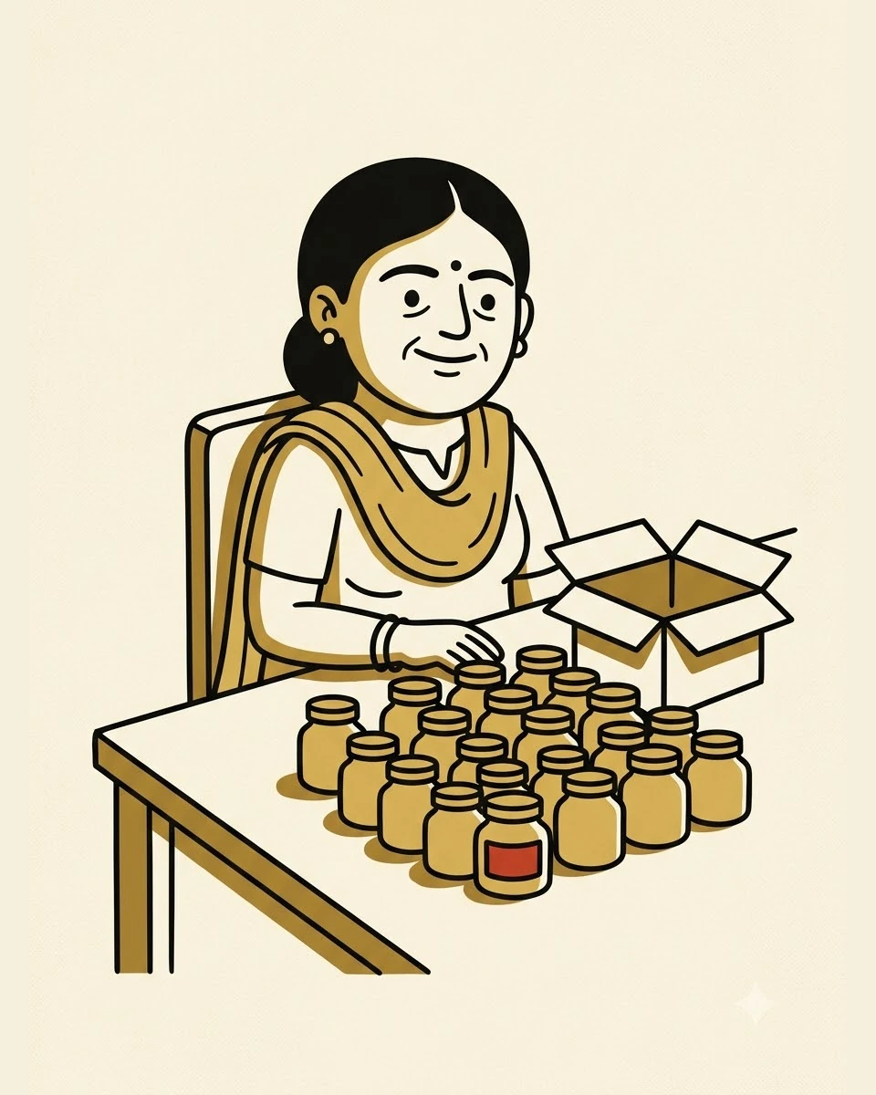 A homemaker with twenty identical jars lined up