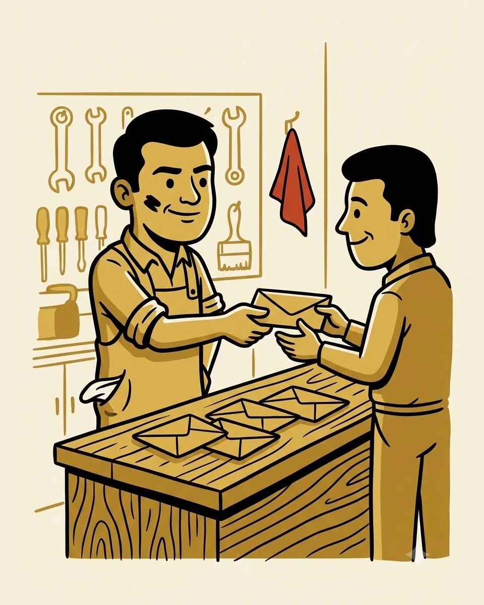 Salary envelopes handed out on the workshop counter